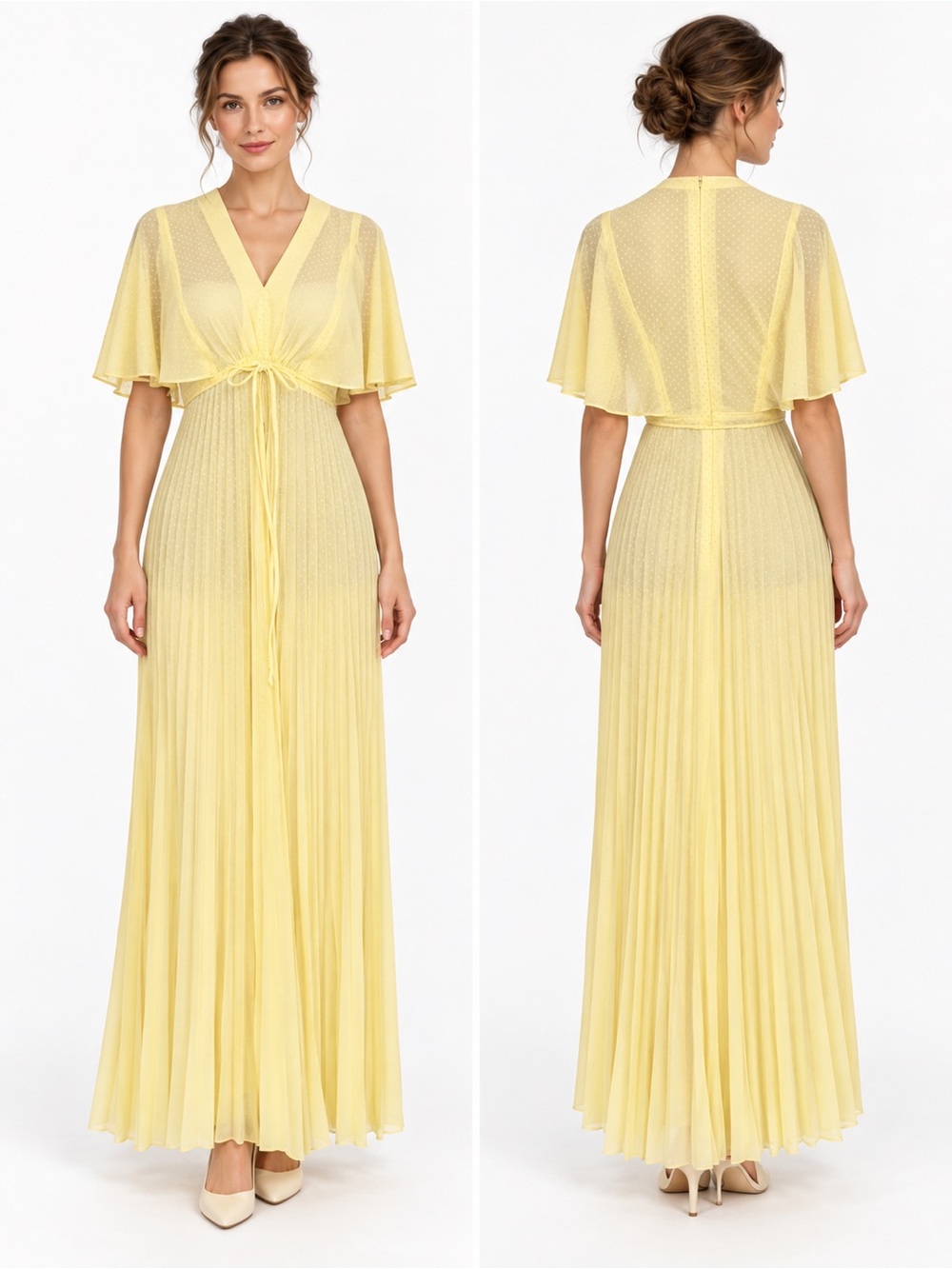 Vintage 70s Butter Yellow Pleated Maxi Dress Flutter Sleeves Small